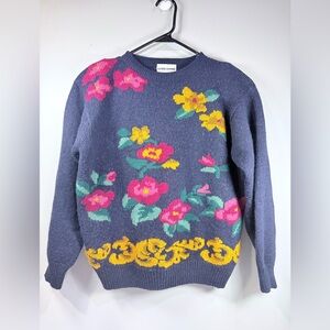 Alfred Dunner Navy Blue‎ Floral Sweater with Shoulder Pads Size Large